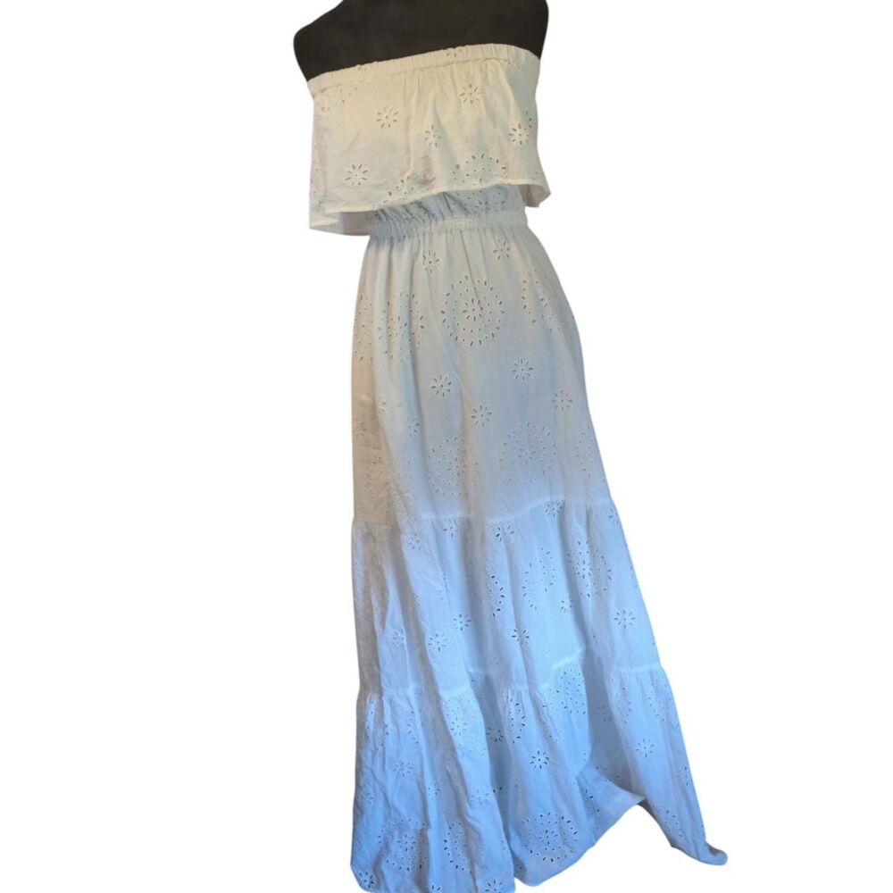 Michael Kors White Cotton Eyelet Off-the-Shoulder Tiered Maxi Dress, Size XS